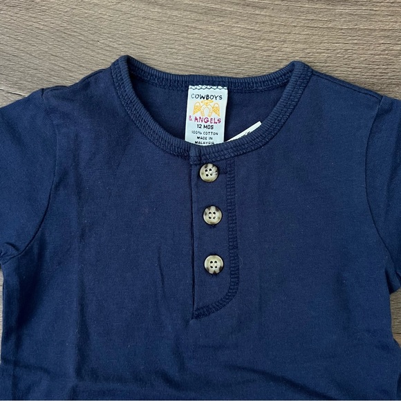 NWT Vintage 90s Cowboys & Angels Navy Henley Short Sleeve Onesie Size 12 Months - Picture 2 of 5